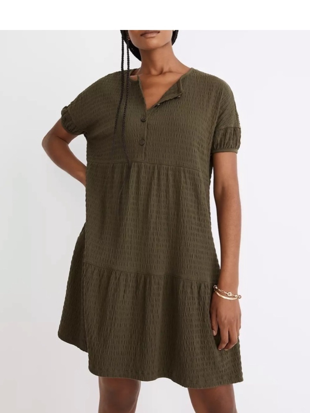 Madewell resourced crinkle knit tiered mini dress green